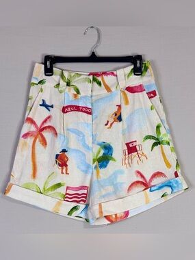 FARM Rio Tropical Linen Shorts Small Beach Print High Rise Tailored Fit